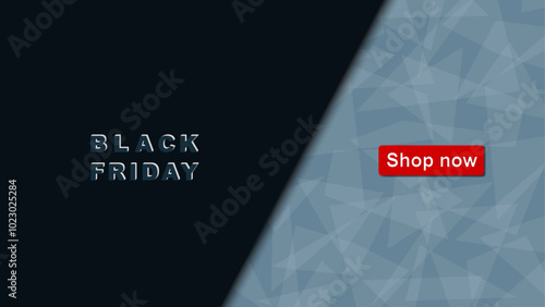 Black Friday horizontal banner with text and red button on dark blue background. Shop now words, modern minimalist multilayer design. Vector HD template for web ad, poster, promotion flyer.