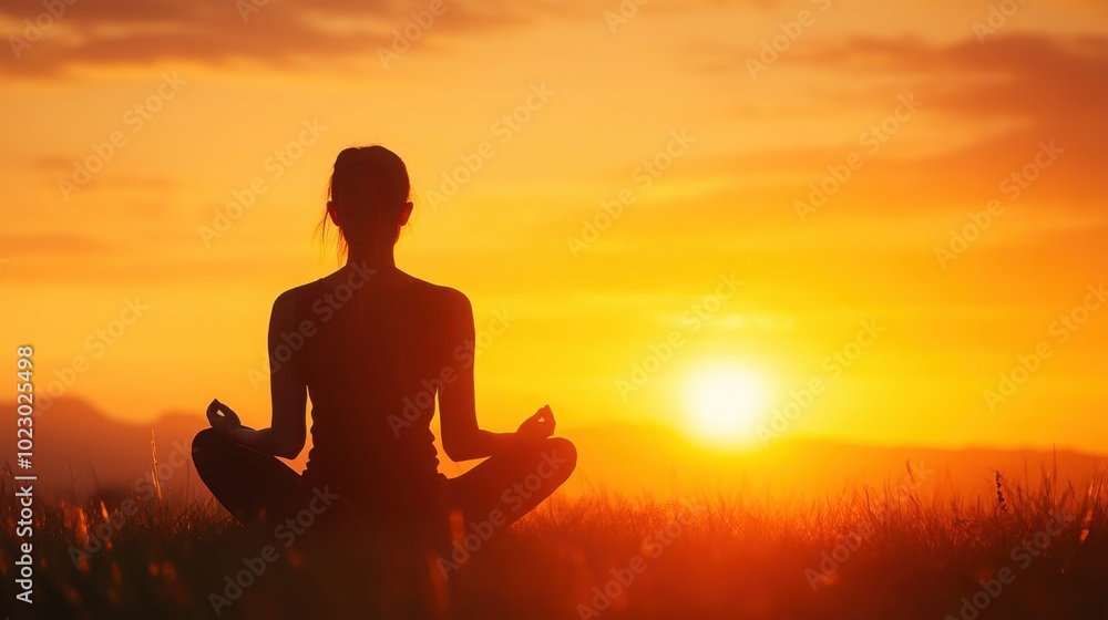 Silhouette of a person meditating at sunset in a tranquil outdoor setting Silhouette of a person meditating at sunset in a tranquil outdoor setting