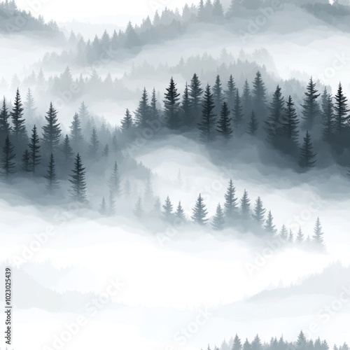 Misty Pine Forest Scene in Monochrome Tones