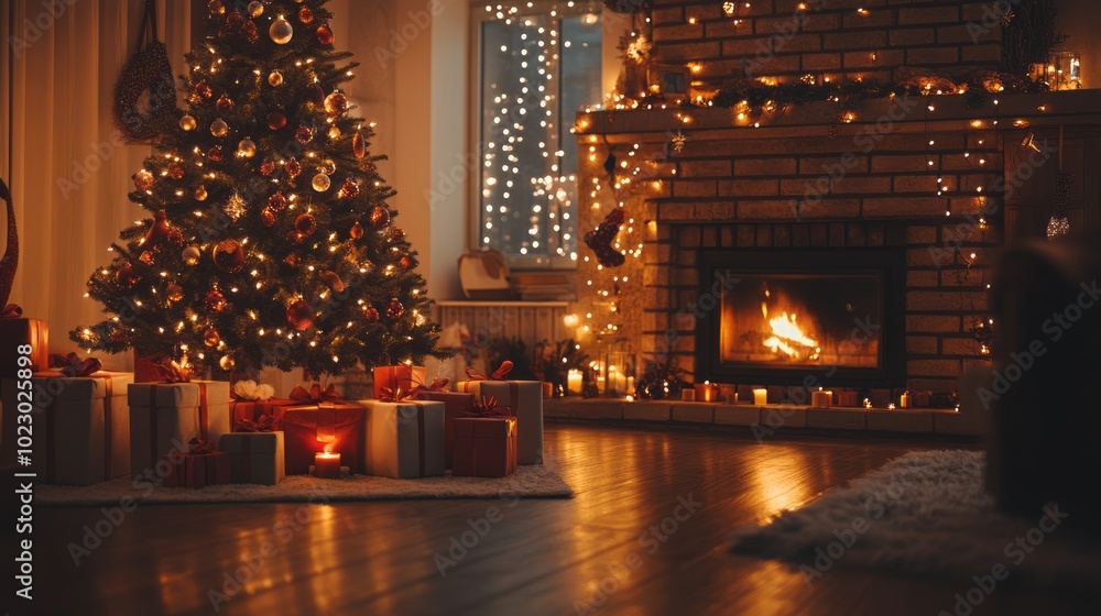 Christmas Scene with Gifts Under Tree and Cozy Fireplace Christmas Scene with Gifts Under Tree and Cozy Fireplace