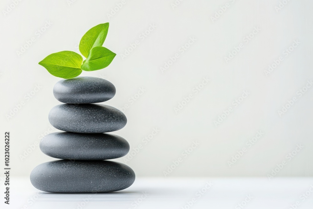 Stacked stones with green leaves, symbolizing balance and tranquility. Stacked stones with green leaves, symbolizing balance and tranquility.