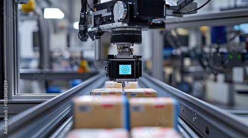 Automated sorting system in a warehouse with robotic camera identifying packages on a conveyor belt for efficient logistics management.