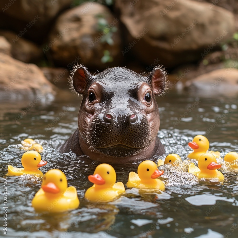 Fototapeta premium The cutest baby hippopotamus you have ever seen, playing with rubber duckies in a bubbly outdoor pool.