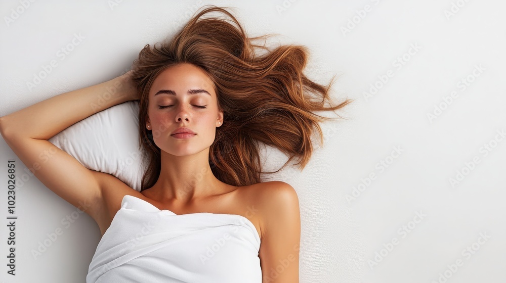 Woman relaxing on bed, peaceful expression, soft natural light, white background. Woman relaxing on bed, peaceful expression, soft natural light, white background.