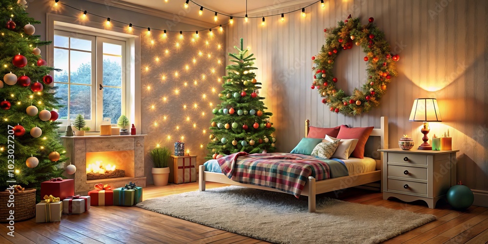 This cozy children's room features delightful Christmas decorations, sparkling fairy lights, and a petite tree, evoking a cheerful and inviting holiday spirit. This cozy children's room features delightful Christmas decorations, sparkling fairy lights, and a petite tree, evoking a cheerful and inviting holiday spirit.