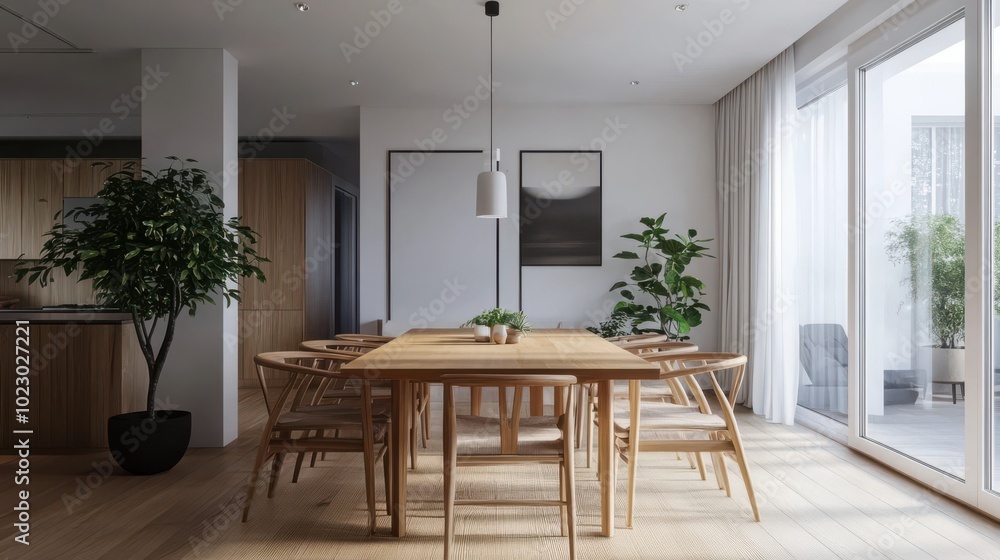 Modern dining area featuring a large wooden table surrounded by chairs and indoor plants, illuminated by natural light Modern dining area featuring a large wooden table surrounded by chairs and indoor plants, illuminated by natural light
