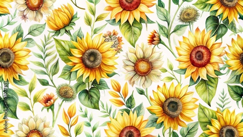 This exquisite watercolor floral design showcases sunflowers, ideal for fabric and wallpaper, blending soft hues and striking details for a lively, uplifting ambiance.