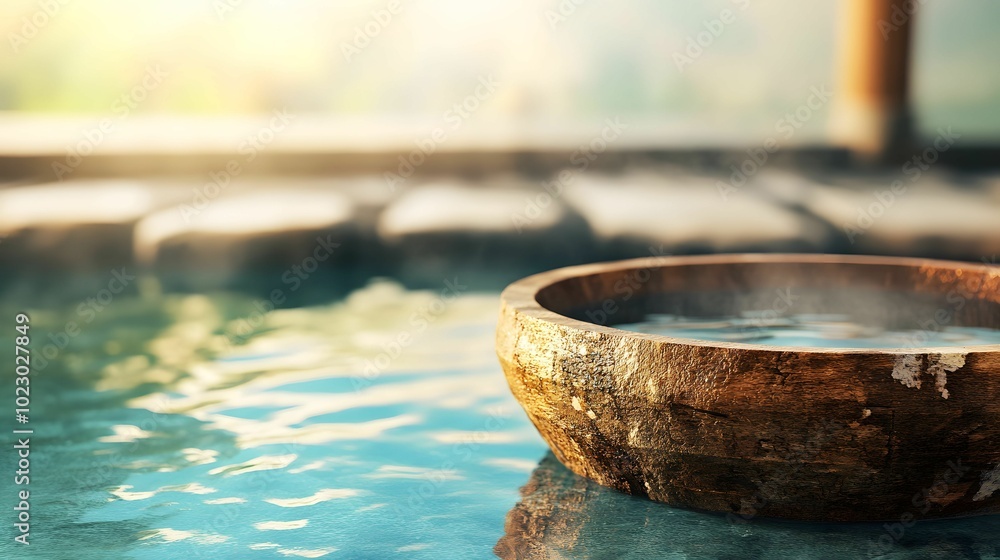 A wooden bowl floating in calm, sunlit spa water, evoking serenity, relaxation, and natural wellness in a peaceful environment. A wooden bowl floating in calm, sunlit spa water, evoking serenity, relaxation, and natural wellness in a peaceful environment.