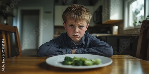 Child reluctant to eat vegetables on a wooden table in a cozy kitchen