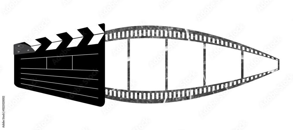 Fototapeta premium 3d clapboard, vintage 5 frames 35mm film reel vector design isolated on white. Filmstrip movie production icon illustration to use for motion picture, entertainment, cinema, film project.