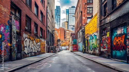 A gritty, graffiti-filled alleyway between old brick buildings in a city, with modern skyscrapers towering in the background, showcasing urban contrast. photo