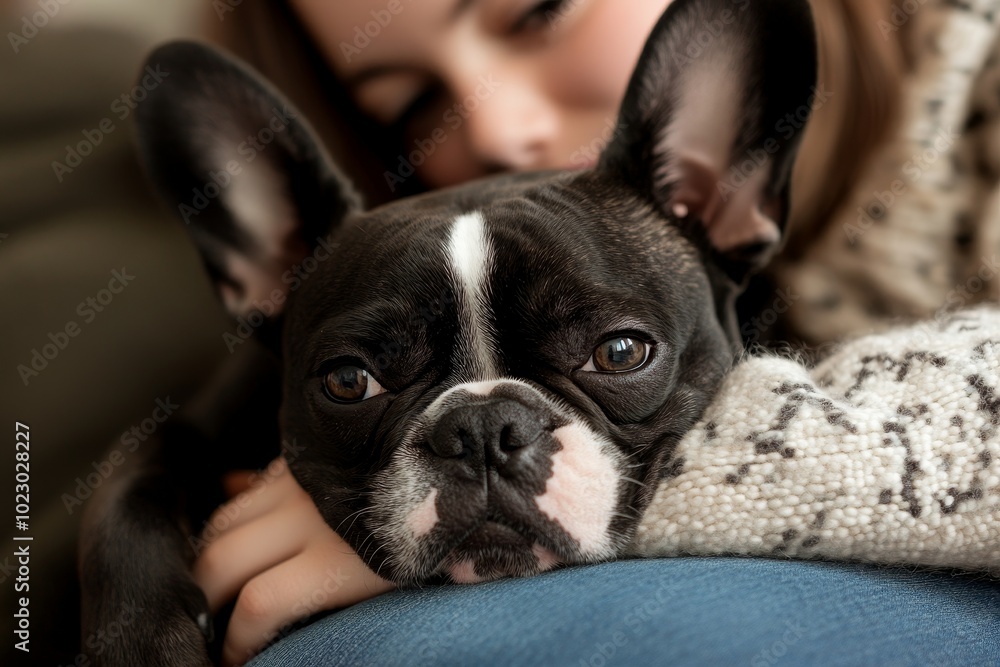 A cozy moment between a girl and her French Bulldog on a comfortable couch at home in soft, natural light