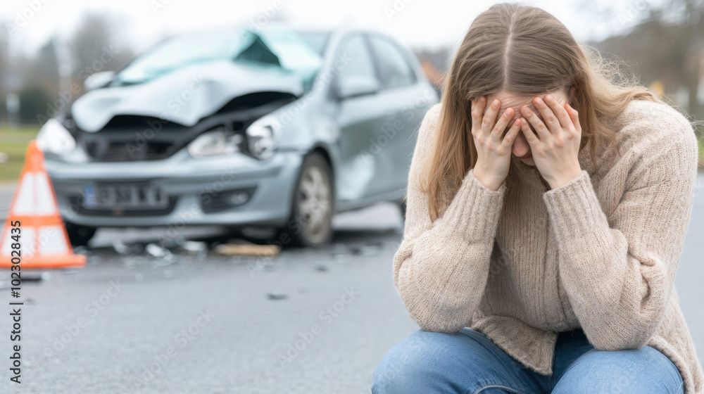 Young woman with broken car on the road, triangle warning sign and shock as she sits near accident scene Young woman with broken car on the road, triangle warning sign and shock as she sits near accident scene