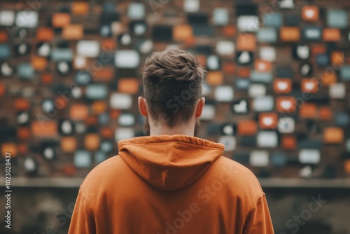 Person Standing with Social Media Icons Background photo