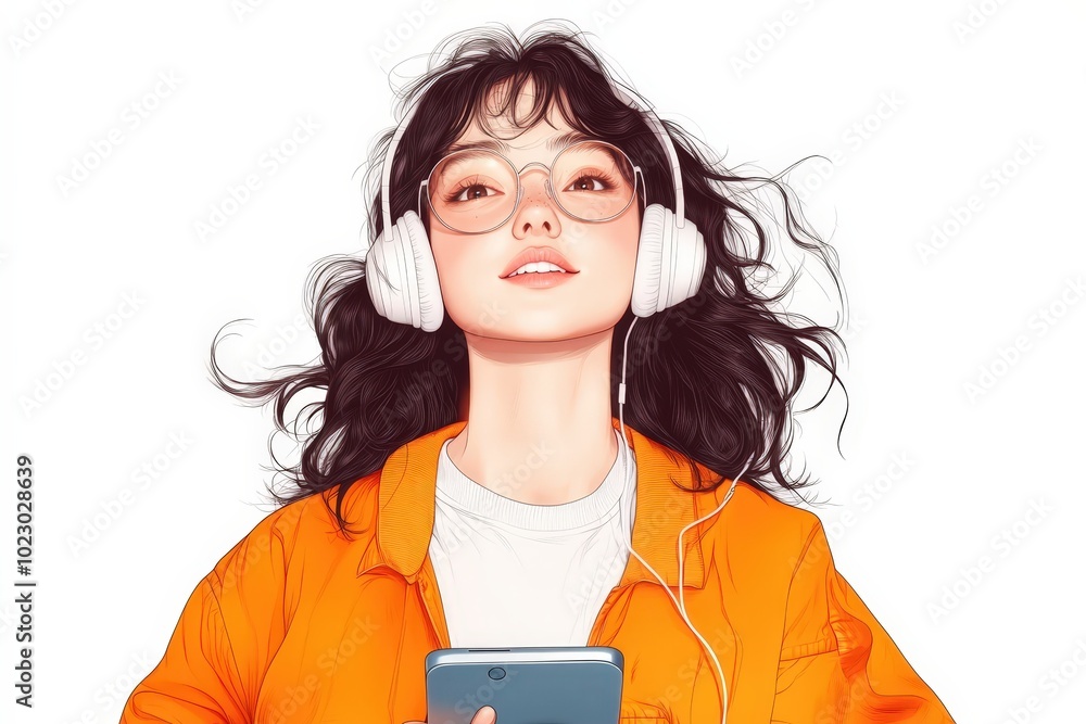 Young Adult Smiling with Headphones While Watching Young Adult Smiling with Headphones While Watching