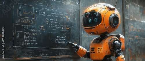A small, orange robot teacher points to a chalkboard with equations and diagrams.