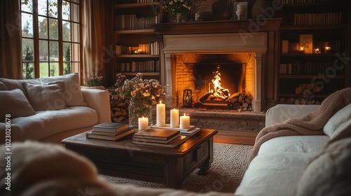 charming living room scene with a crackling fireplace elegant coffee table adorned with books and candles illuminated by warm firelight creating a cozy and inviting ambiance