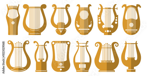 Musical lyre instrument colored flat cliparts