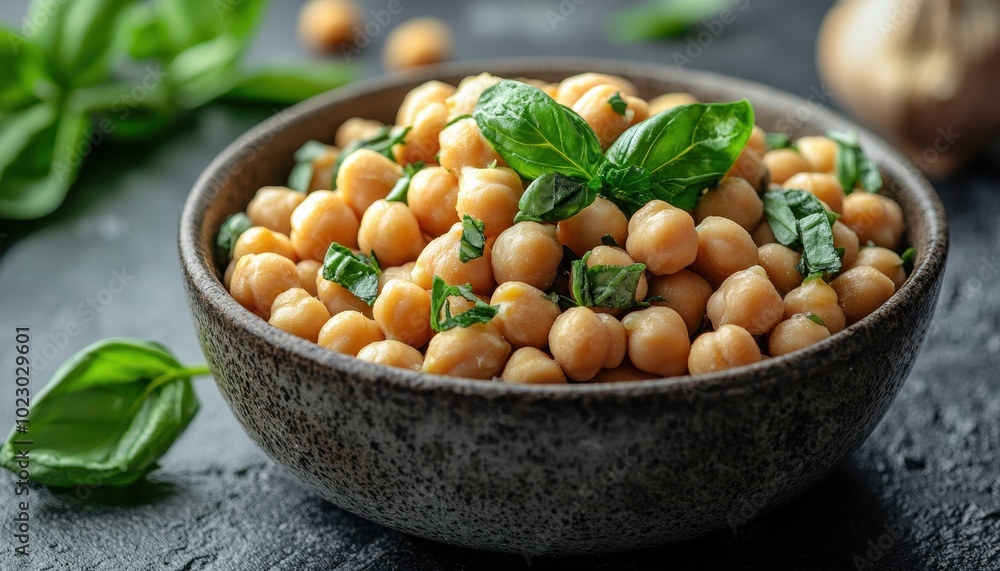 Canned chickpeas served in a rustic bowl with fresh basil leaves on a dark table Canned chickpeas served in a rustic bowl with fresh basil leaves on a dark table