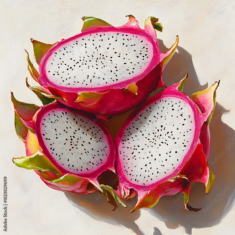Three Slices of Dragon Fruit in a Painting Style. Three Slices of Dragon Fruit in a Painting Style.