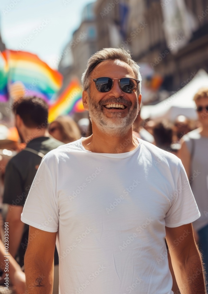 British american middle age men standing smiling sunglasses portrait parade. British american middle age men standing smiling sunglasses portrait parade.