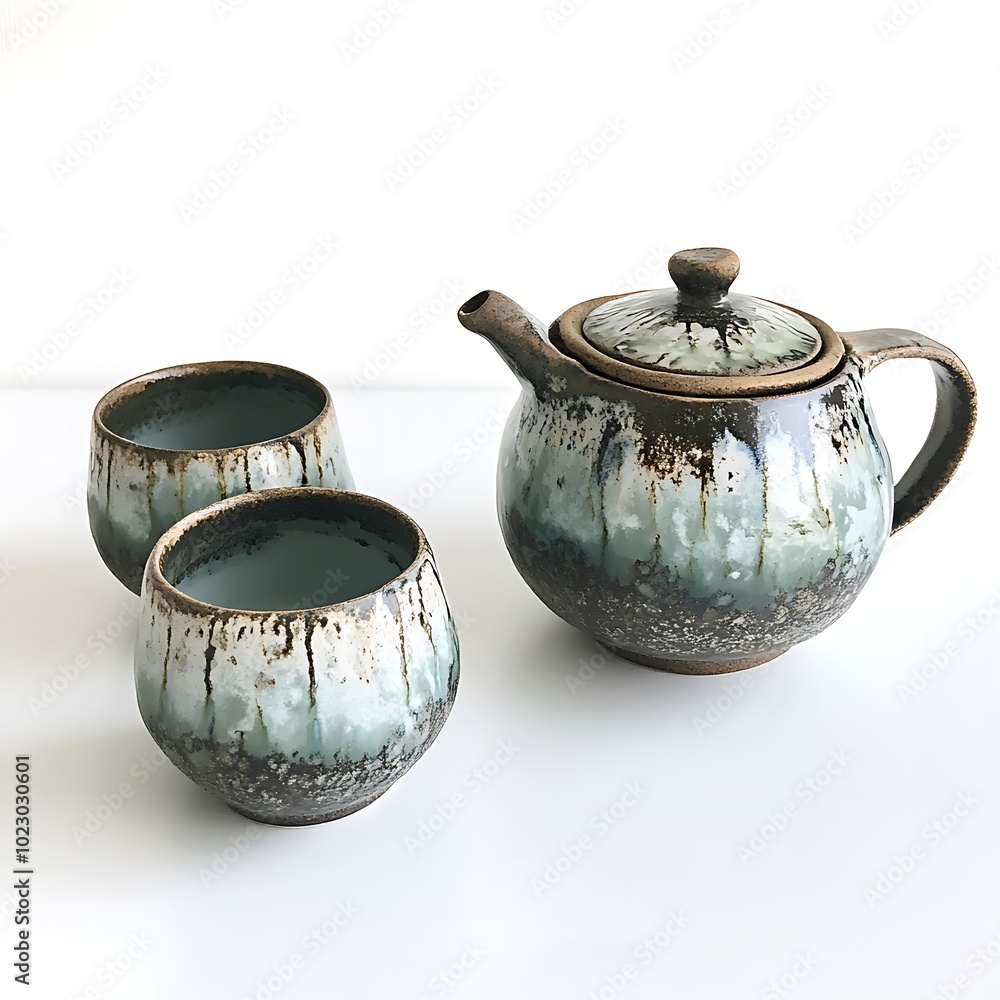 Handcrafted ceramic teapot and cups with a unique glaze finish. Handcrafted ceramic teapot and cups with a unique glaze finish.