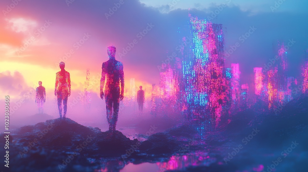 Floating human figures made of digital code, transforming into abstract art forms in a futuristic landscape, Outlandish, Virtual, Neon Hues, Surreal, 3D Render Floating human figures made of digital code, transforming into abstract art forms in a futuristic landscape, Outlandish, Virtual, Neon Hues, Surreal, 3D Render