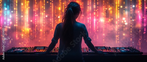 Silhouette of a female DJ mixing music in front of colorful lights.