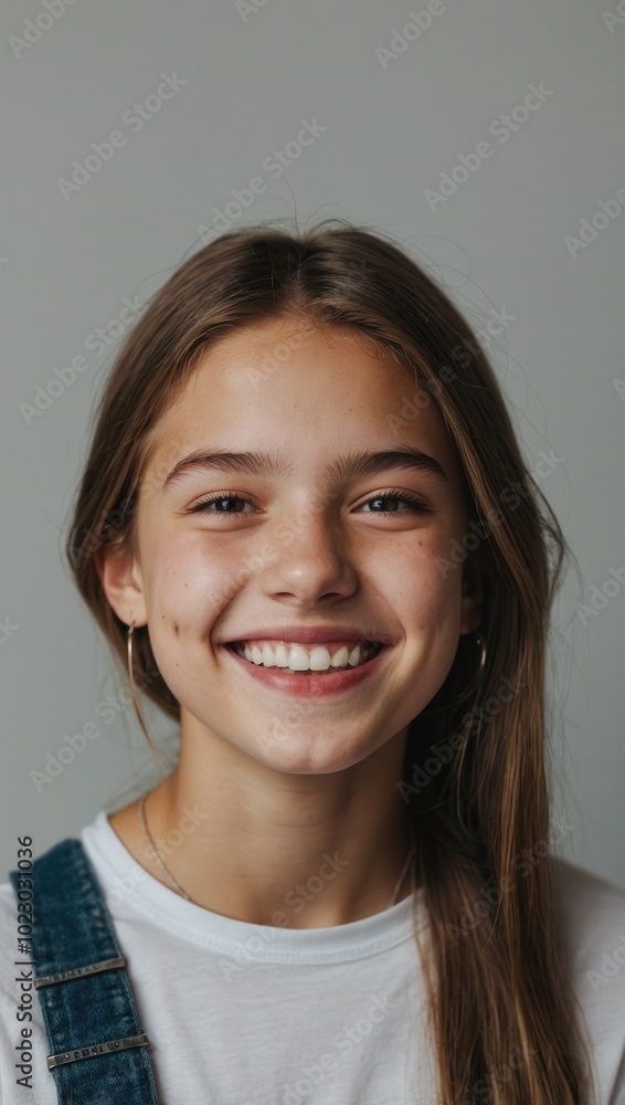 Smiling young woman with shoulder-length hair and denim overalls, casual style Smiling young woman with shoulder-length hair and denim overalls, casual style