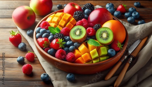 A bowl of fresh, colorful fruits like berries, kiwi, and mango, arranged aesthetically on a wooden table, symbolizing a healthy diet.