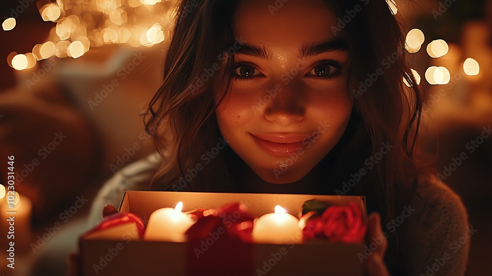 POV inside a gift box, close-up of a woman’s face filled with love and appreciation, eyes slightly teary with happiness, hands gently opening the box, soft warm lighting from above, POV inside a gift box, close-up of a woman’s face filled with love and appreciation, eyes slightly teary with happiness, hands gently opening the box, soft warm lighting from above,