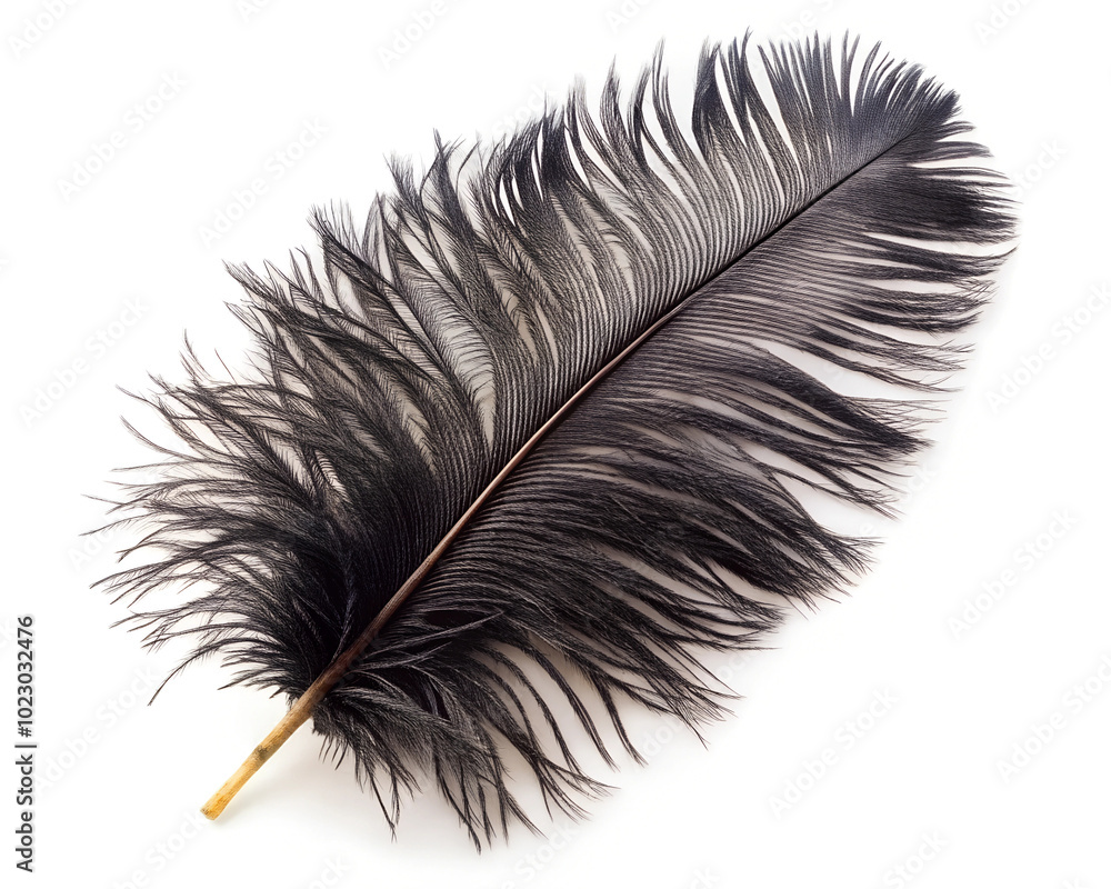 A delicate and soft black ostrich feather with intricate details, isolated on a clean white background. A delicate and soft black ostrich feather with intricate details, isolated on a clean white background.