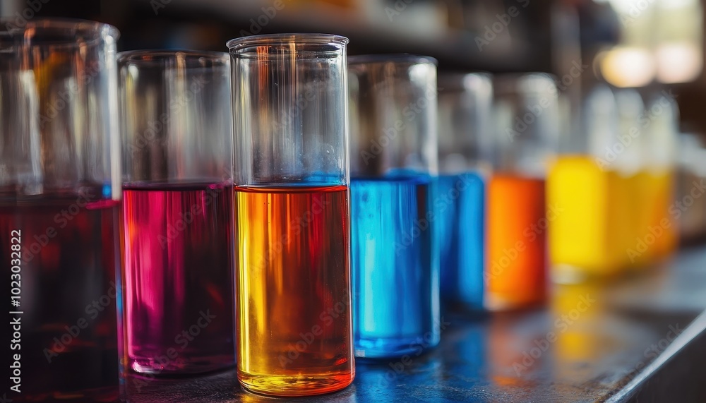 Colorful test tubes filled with various liquids demonstrating principles of physical chemistry Colorful test tubes filled with various liquids demonstrating principles of physical chemistry