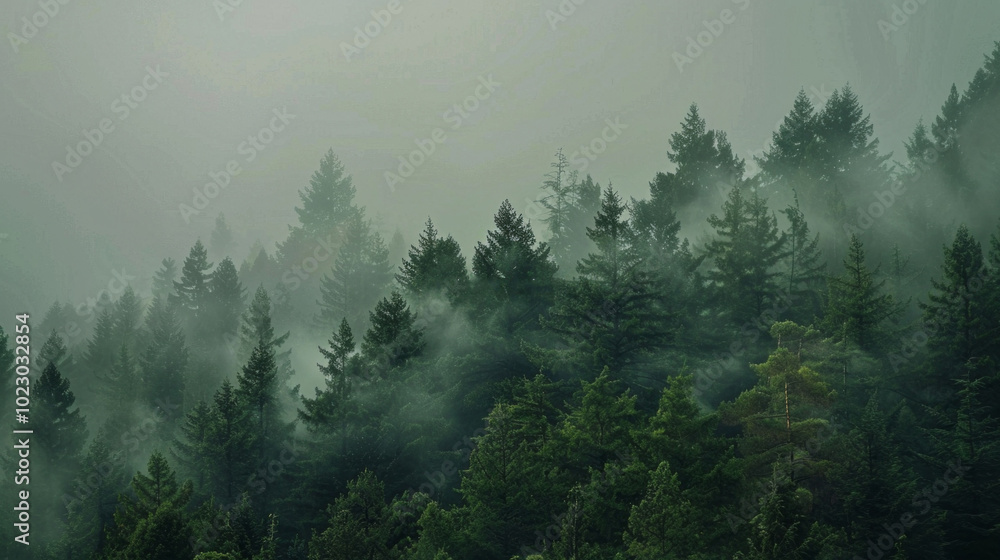 A dense forest with a thick fog covering the trees A dense forest with a thick fog covering the trees