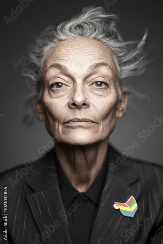 Elder with a wise expression and graying hair, wearing a dark pinstriped suit adorned with a rainbow pin, reflecting wisdom, dignity, and pride in individuality.