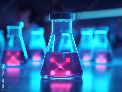 A glowing laboratory flask filled with vibrant liquid, showcasing an innovative chemical reaction under neon lights.