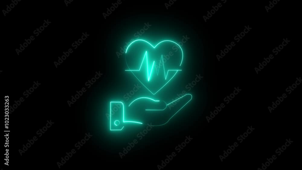 hands holding heart icon with heart beat rate. Concept for prevent heart attack, heart disease, cardiogram. black background with cyan color heart icon. hands holding heart icon with heart beat rate. Concept for prevent heart attack, heart disease, cardiogram. black background with cyan color heart icon.