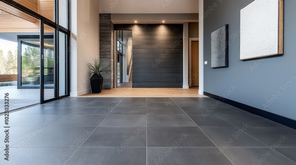 Obraz premium Modern interior of a spacious entrance hall with large tiles, minimalistic decor, and sliding glass doors leading to an outdoor area.