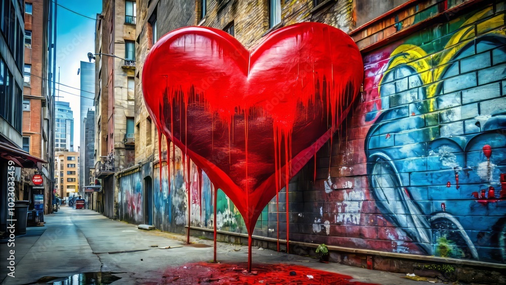 Obraz premium Vivid red heart graffiti drips paint, capturing the essence of urban love. This street art expresses deep emotions and transforms cityscapes into vibrant canvases.
