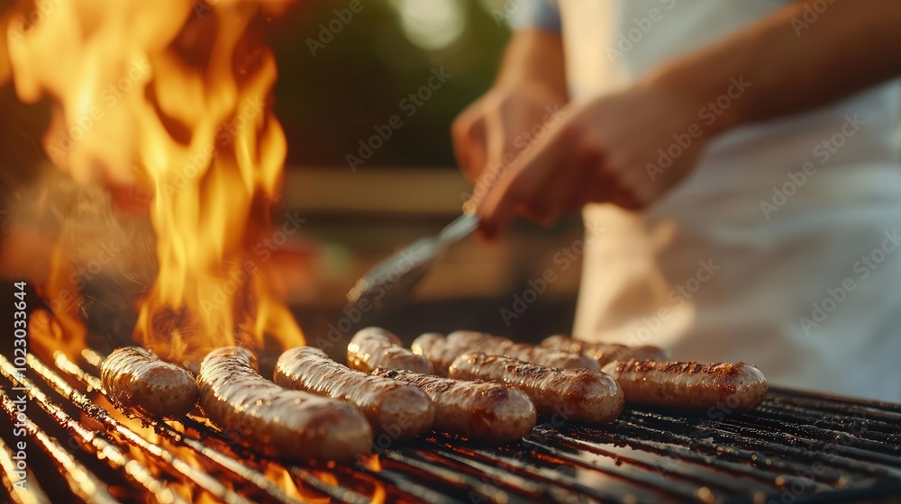 Chef grilling sausages at an outdoor barbecue event, surrounded by hungry guests, social gathering, delicious food