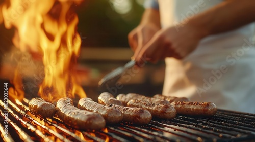 Obraz na płótnie Chef grilling sausages at an outdoor barbecue event, surrounded by hungry guests, social gathering, delicious food w salonie
