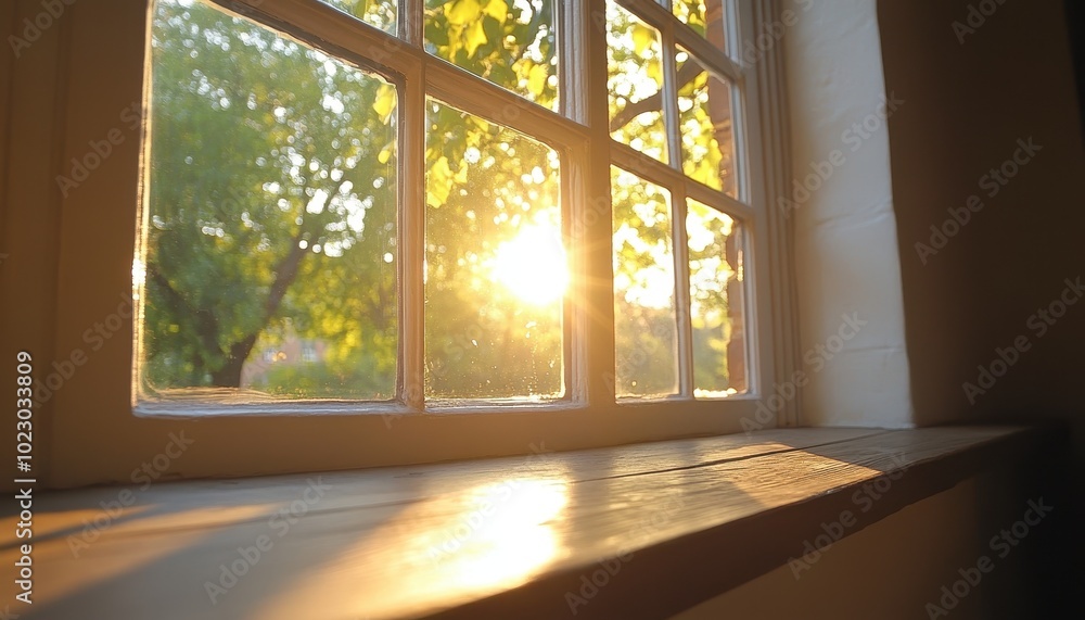 Naklejka premium Polishing the windowsills at sunrise, creating a bright and clean atmosphere