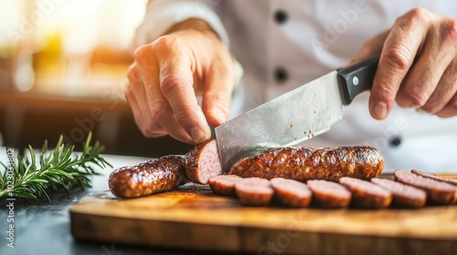 Chef slicing gourmet sausages in a highend restaurant kitchen, focused on quality and precision, culinary skill, fine dining