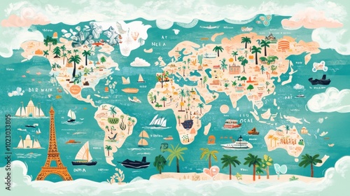 Fototapeta Naklejka Na Ścianę i Meble -  A colorful illustrated world map highlighting landmarks, activities, and cultural elements.