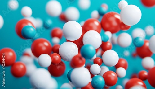 Abstract representation of colorful molecules in motion, showcasing red, white, and blue spheres on a vibrant blue background.