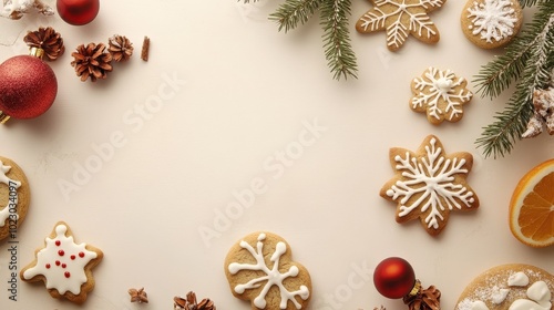 Festive Christmas Cookies and Decorations on a Neutral Background