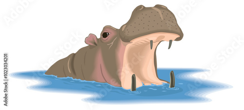 A hippopotamus with its mouth wide open submerged in water The hippos eyes are wide and its large teeth are clearly visible The water around the hippo is disturbed by its movements creating ripples