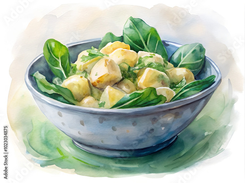 A watercolor-style image of potato salad with leafy greens, served in a blue bowl. The creamy salad looks fresh and light, ideal for a healthy meal or side dish. photo