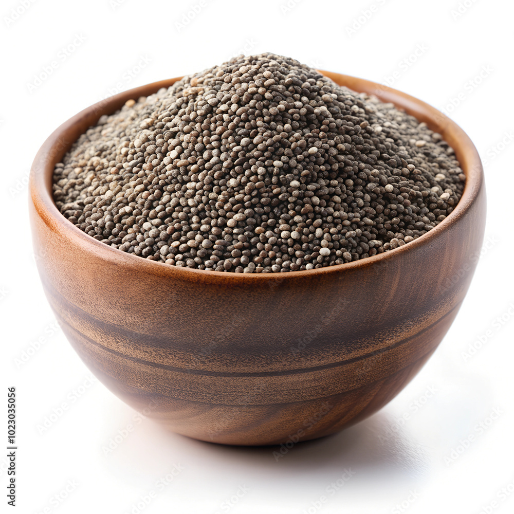 A wooden bowl filled to the brim with chia seeds, placed on a white background. The seeds are small, dark, and nutrient-dense, known for their health benefits. A wooden bowl filled to the brim with chia seeds, placed on a white background. The seeds are small, dark, and nutrient-dense, known for their health benefits.