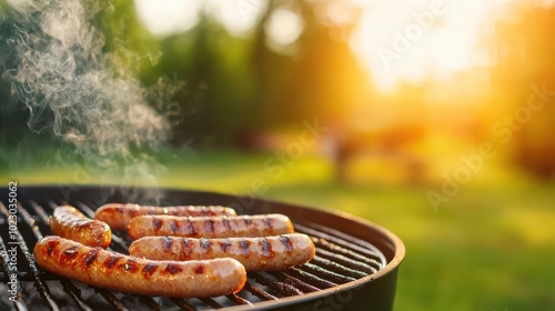 Juicy grilled sausages sizzling on a barbecue, with smoke rising and sunlight hitting the grill, delicious food, outdoor barbecue photo